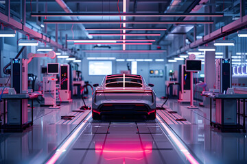 Fototapeta premium Advanced Electric Car Factory Testing Area Showcasing Futuristic Technology and Performance Standards