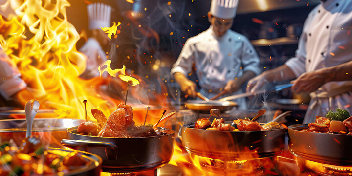 Savory Delights: A bustling restaurant kitchen with chefs preparing mouthwatering dishes on an open flame, inviting patrons to experience the flavors