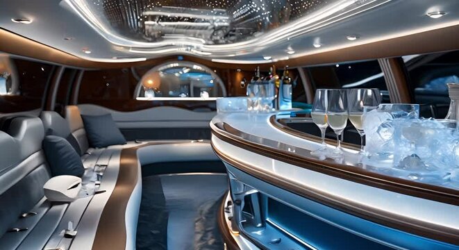 Luxurious limousine interior with a stylish bar for partying and socializing. Concept Luxury Limousine Interior, Stylish Bar, Party Atmosphere, Socializing, Elegant Design