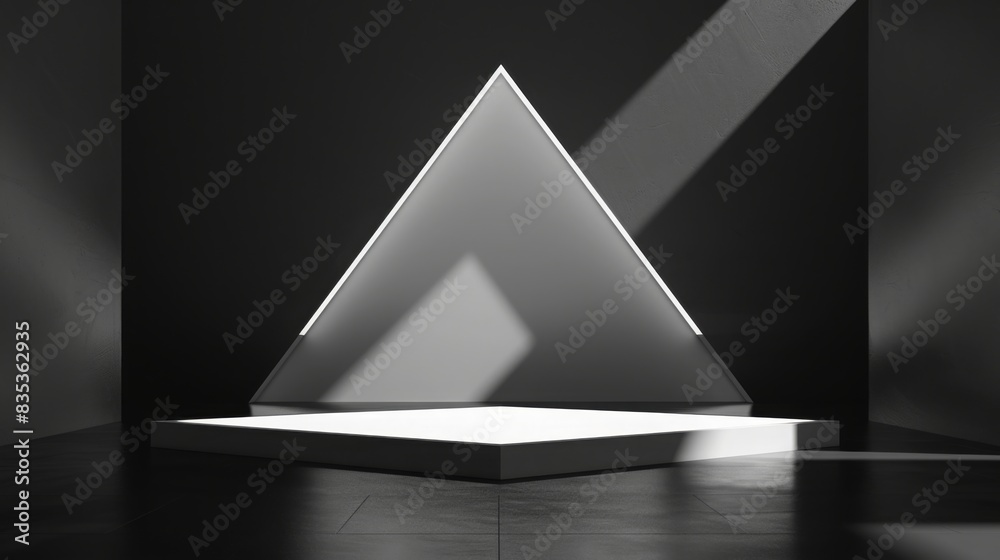 Fototapete A minimalist geometric light installation features a triangular structure illuminated by beams of light, creating stark black and white contrasts and shadows.