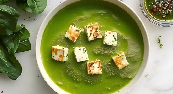 Watercolor Illustration of Palak Paneer - Creamy Spinach Curry with Paneer Cubes. Concept Food Illustration, Vegetarian Dish, Indian Cuisine, Palak Paneer Recipe