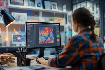 This image depicts a man immersed in his work, typing away on his laptop at his workstation.