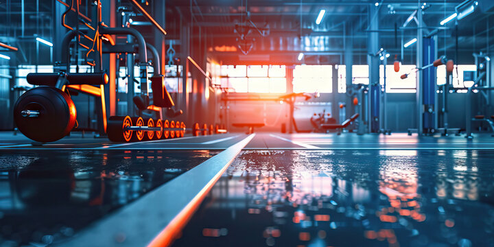 Sports Spectacle: A brightly lit gymnasium with state-of-the-art equipment, ready for an intense workout or sporting event