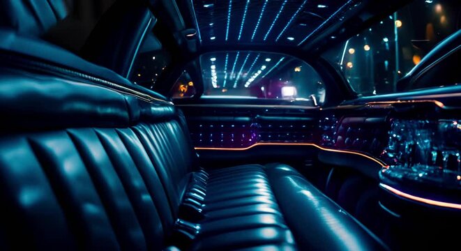 Luxurious limousine interior with spacious seating and premium upholstery. Concept Luxury transportation, Limousine features, Premium interiors, Spacious seating, Elegant design