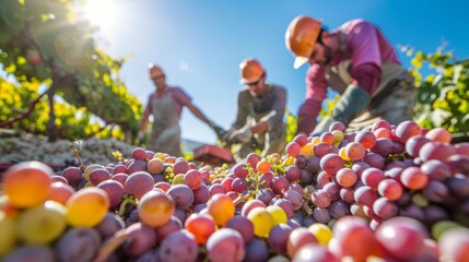 Happy vineyard workers engaged in grape sorting under a clear blue sky