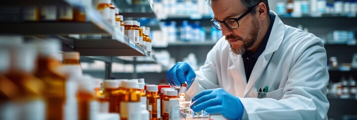 Pharmacist focused on medication preparation in a modern pharmacy lab, surrounded by shelves filled with various pharmaceutical containers.