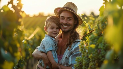 Joyful family moment in vineyard during sunset, capturing love and togetherness