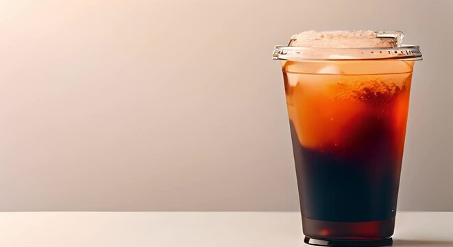 Iced coffee in a plastic cup on a white background. Concept Product Photography, Beverages, Iced Coffee, White Background, Plastic Cup