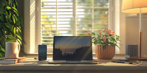 Digital Detachment: A peaceful home office with a desk, laptop, and smartphone, emphasizing the importance of work-life balance