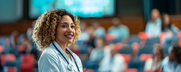 Smiling female doctor in a lecture hall with students in the background, signifying education and healthcare professionalism.