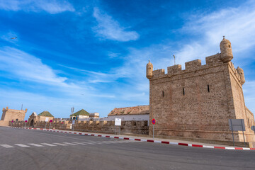 Historic stone fortress with towers under clear sky. A symbol of heritage, located in Essaouira,...