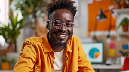 Naklejka premium Confident businessman with a bright smile in a modern office environment
