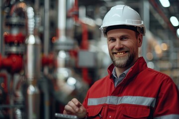 Obraz premium Professional engineer in safety gear inspecting machinery at industrial plant