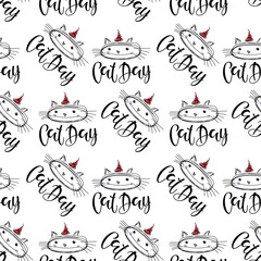 Seamless pattern for cat day holiday. Cat face sketch and calligraphy lettering. Black white Vector background for wallpaper, textile, wrapping paper, packaging. Cute funny linear cat character. 