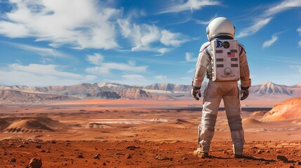 Astronaut standing on mars planet. Space manned mission on red planet. Futuristic exploration and planet colonization concept, adventure. Science fiction. Banner with copy space. Minimalistic shot