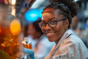 Smiling female medical researcher with glasses in a laboratory setting