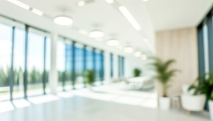 Beautiful blurred background of a modern office interior with panoramic windows, plants and beautiful lighting.