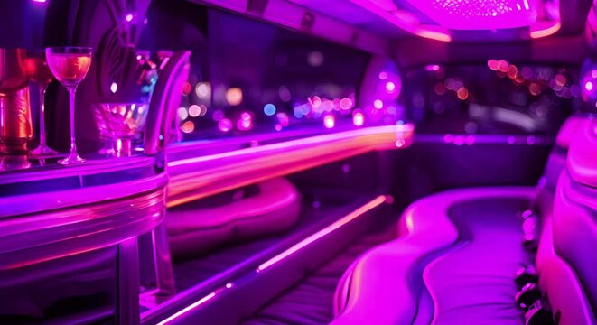 Upscale limousine interior featuring a sophisticated bar for social gatherings. Concept Luxury Transportation, Upscale Interior Design, Sophisticated Bar, Social Gatherings 