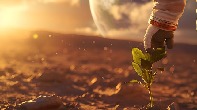 Astronaut touching plant on mars planet. Spaceman planting sprout. Space manned mission on red planet. Futuristic exploration and planet colonization concept. Science fiction. Banner with copy space