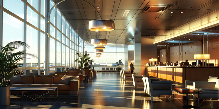 Elegant Travels: A luxurious airport lounge with high ceilings, comfortable seating, and chic lighting