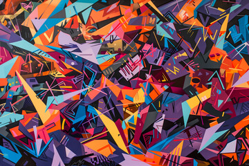 Abstract composition with random geometric shapes, vibrant colors, and dynamic patterns, evoking a sense of energy and movement
