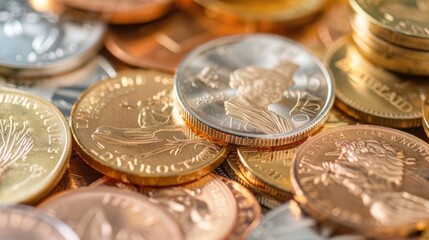 A close-up view of a stack of assorted coins, with different sizes, colors, and denominations piled on top of each other.