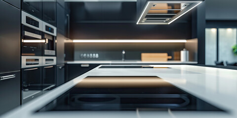 Technological Advancement: A modern, minimalist kitchen with state-of-the-art appliances and sleek countertops