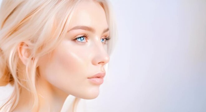Portrait of a blonde Eurasian woman in profile against white background with copy space. Concept Portrait Photography, White Background, Copy Space, Blonde Hair, Eurasian Woman