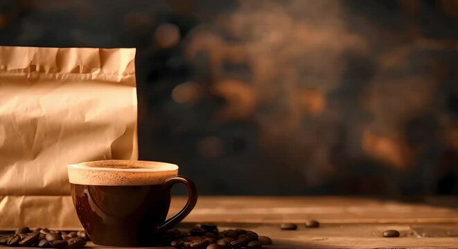 Mockup design of coffee cup on wooden table with Kraft paper bag. Concept Mockup Design, Coffee Cup, Wooden Table, Kraft Paper Bag