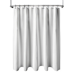 A white shower curtain with metal hooks on a rod, perfect for a modern bathroom setting. transparent backgrounds