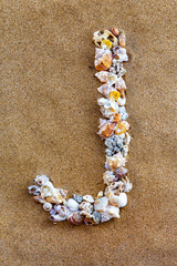 The letter J of the English alphabet, a letter made of seashells on the sand.
