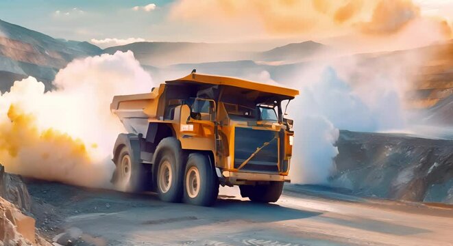 Big yellow mining truck operating in an open pit coal mine quarry. Concept Mining Trucks, Open Pit Mines, Coal Industry, Heavy Machinery, Quarry Operations
