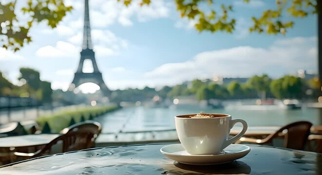 4k timelapse animation of coffee cup with Eiffel Tower in cafe. Concept Timelapse Animation, Coffee Cup, Eiffel Tower, Cafe, 4k Quality