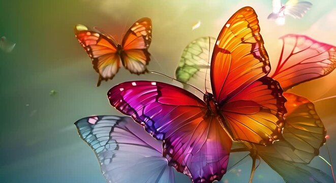Neurodiversity-themed abstract banner featuring multicolored butterflies on a light green background. Concept Neurodiversity, Abstract Banner, Multicolored Butterflies, Light Green Background