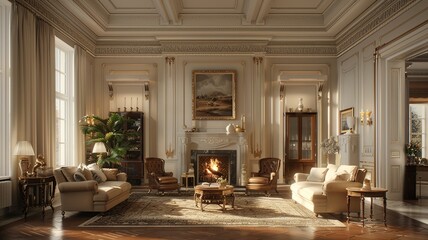 Fototapeta premium Experience the cozy charm of a classic American living room complete with a coffered ceiling, a traditional mantel adorned with family photos, and a comfortable leather recliner