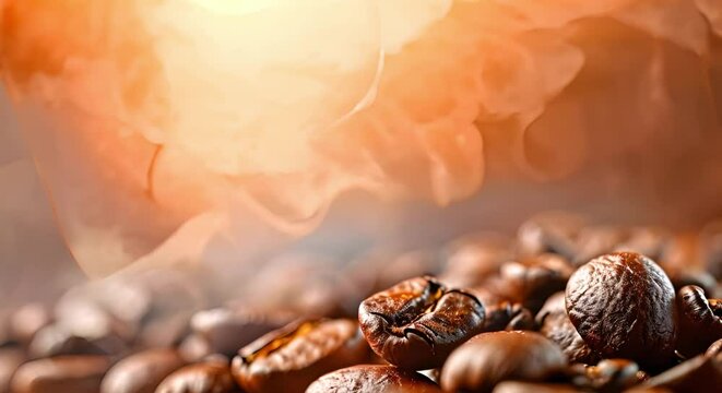 Closeup of roasted coffee beans in beautiful golden light from technology. Concept Coffee Beans, Roasted, Closeup, Golden Light, Technology