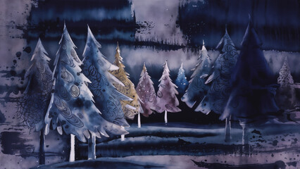 Dark shadowy pine tree forest with muted twilight blue colors and gloomy undertones