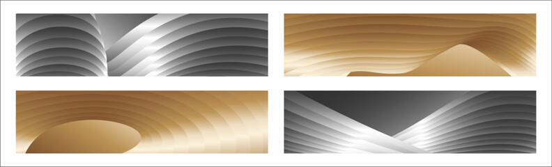 Wavy silver and gold parallel gradient lines, ribbons, silk. Set of 4 backgrounds. Black and white with shades of gray or golden silk. Banner, poster. eps vector