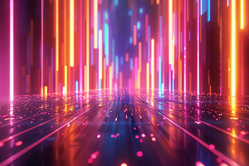 Fototapeta premium A 3D render featuring an abstract futuristic neon background with glowing ascending lines. This fantastic wallpaper creates a mesmerizing visual effect, perfect for a modern, high-tech look.