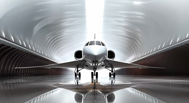Photo of supersonic passenger plane in futuristic hangar. Concept Aircraft photography, Supersonic travel, Futuristic interior design, Aviation technology