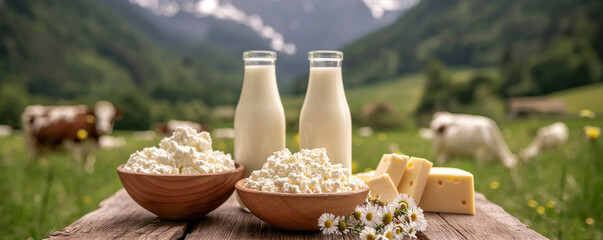 Dairy products. Bottles of milk, cheese, cottage cheese, yogurt, butter on a wooden table against the backdrop of mountains and forest. Variety of dairy products.Farm dairy products concept