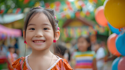 Little girl surrounded by balloons. Generative by AI