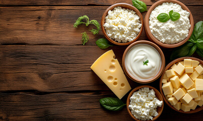 Dairy products. Bottles of milk, cheese, cottage cheese, yogurt, butter on a textured wooden table. Variety of dairy products.Farm dairy products concept. Place for text. Copy space. Kaltsy. 