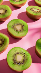 Fototapeta premium Sliced ripe kiwifruit on a pink background
