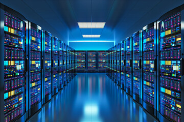 Scene of a bustling data center filled with rows of server racks and illuminated by the soft glow of blinking LEDs, representing the backbone of modern digital infrastructure.