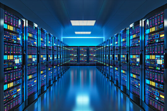 Scene of a bustling data center filled with rows of server racks and illuminated by the soft glow of blinking LEDs, representing the backbone of modern digital infrastructure.