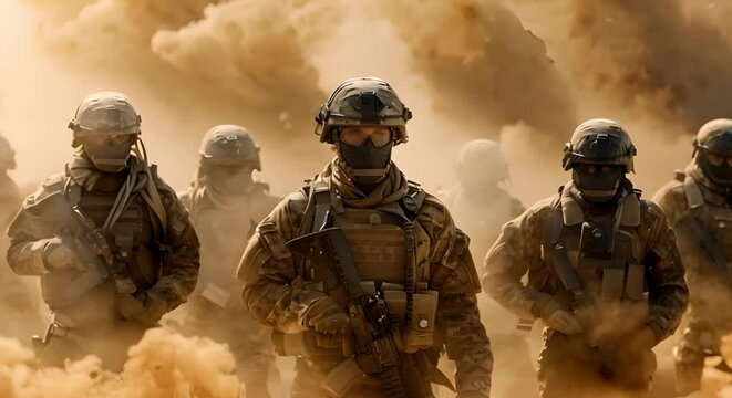 Modern soldiers in a dusty warzone, fully equipped and facing the camera in military formation. Concept Military Photoshoot, Warzone Setting, Soldier Portraits, Military Formation, Dusty Environment