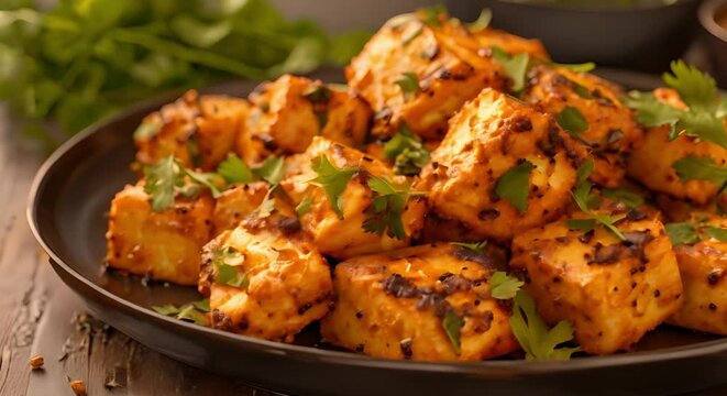 Paneer Cheese Cubes and Cilantro: A Delicious Indian Dish. Concept Indian Cuisine, Cooking Instructions, Vegetarian Dish, Flavorful Ingredients