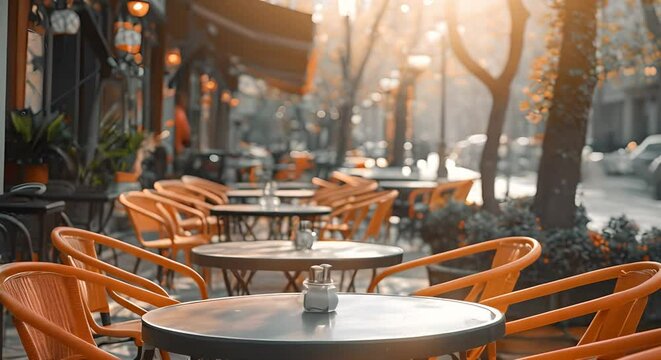 Outdoor cafe in European city with charming tables and chairs. Concept European City, Outdoor Cafe, Charming Tables, Chairs, Al Fresco Dining