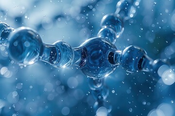 A closeup of transparent molecules, with light shining through them on a blue background.